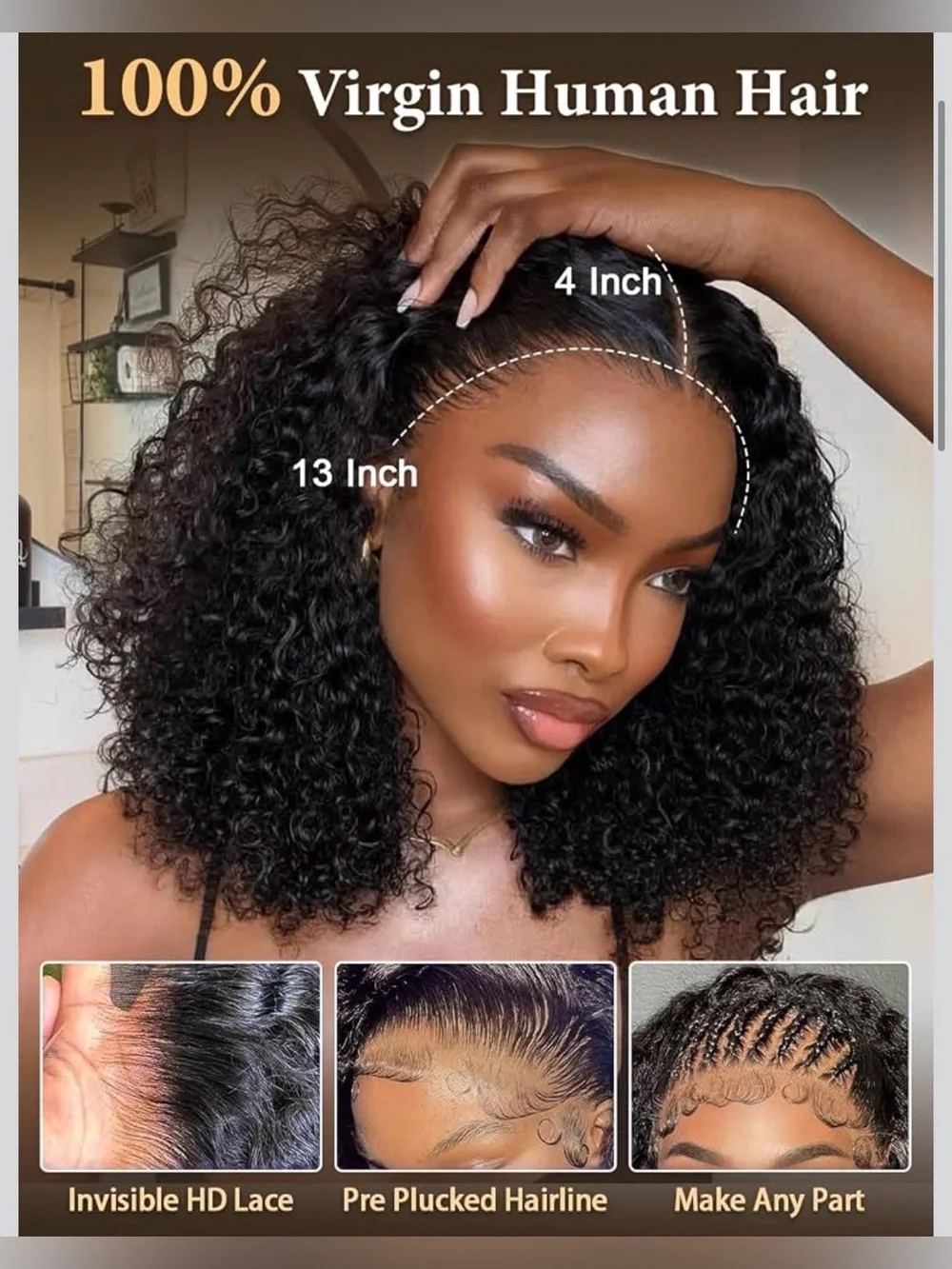 13x4 HD Lace Front Human Hair Bob Wig 16 Inch Deep Curly Bob Wig